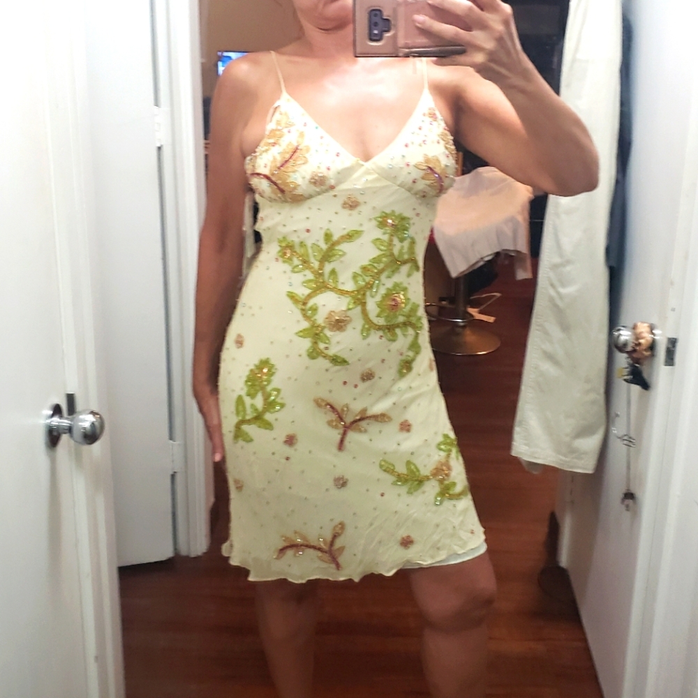 Adrianna Papell Evening fairycore whimsigoth Silk yellow floral dress beaded 10